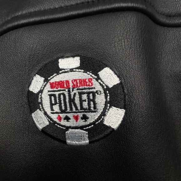 Burks Bay Mens XL Black Leather Bomber Jacket World Series Poker Patch Zip Up - Picture 4 of 15